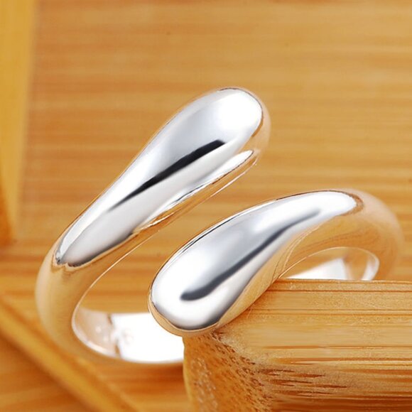 Simply Sterling Open Ring Raindrop 925 Silver one size adjusts 5 6 7 8 - Picture 1 of 3